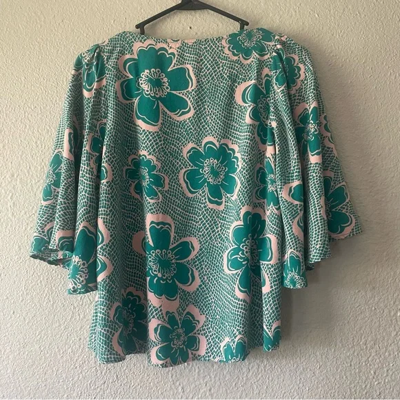 Emily Wonder Floral Blouse Womens S Green Hibiscus Checkered Flared Sleeves Boho - Picture 7 of 10